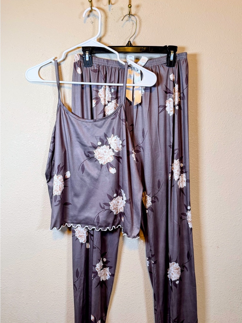 Floral Satin Sleep Set - Gray with Cream Flowers. Size L